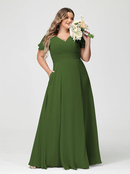 A-Line/Princess V-Neck Short Sleeves Chiffon Split Side Plus Size Bridesmaid Dresses with Pockets