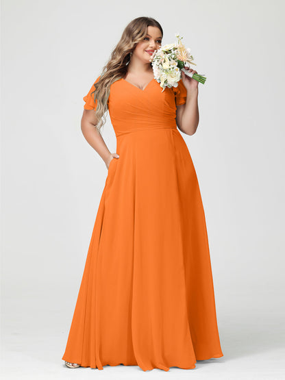 A-Line/Princess V-Neck Short Sleeves Chiffon Split Side Plus Size Bridesmaid Dresses with Pockets