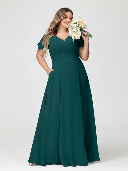 A-Line/Princess V-Neck Short Sleeves Chiffon Split Side Plus Size Bridesmaid Dresses with Pockets