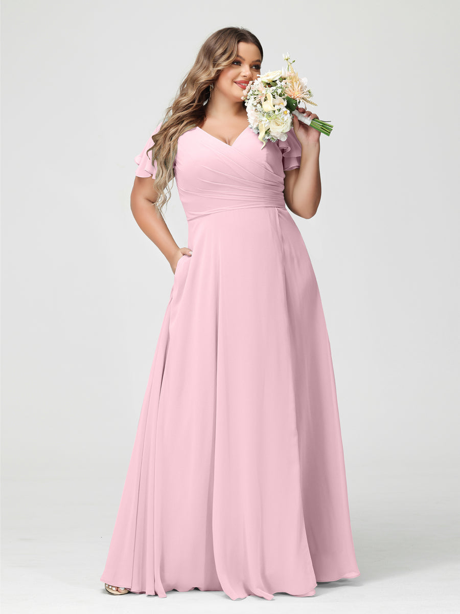 A-Line/Princess V-Neck Short Sleeves Chiffon Split Side Plus Size Bridesmaid Dresses with Pockets