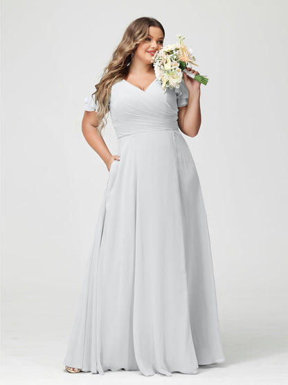 A-Line/Princess V-Neck Short Sleeves Chiffon Split Side Plus Size Bridesmaid Dresses with Pockets