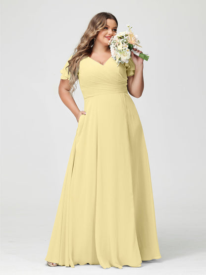 A-Line/Princess V-Neck Short Sleeves Chiffon Split Side Plus Size Bridesmaid Dresses with Pockets