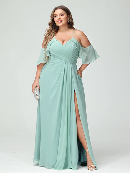 A-Line/Princess Spaghetti Straps Short Sleeves Chiffon Ruched Split Side Plus Size Bridesmaid Dresses with Pockets