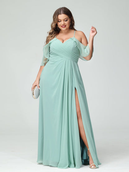 A-Line/Princess Spaghetti Straps Short Sleeves Chiffon Ruched Split Side Plus Size Bridesmaid Dresses with Pockets