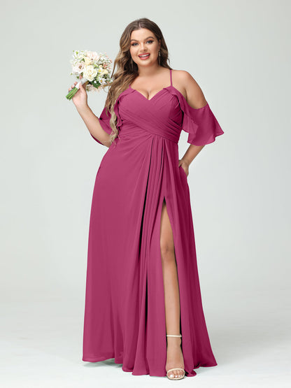 A-Line/Princess Spaghetti Straps Short Sleeves Chiffon Ruched Split Side Plus Size Bridesmaid Dresses with Pockets