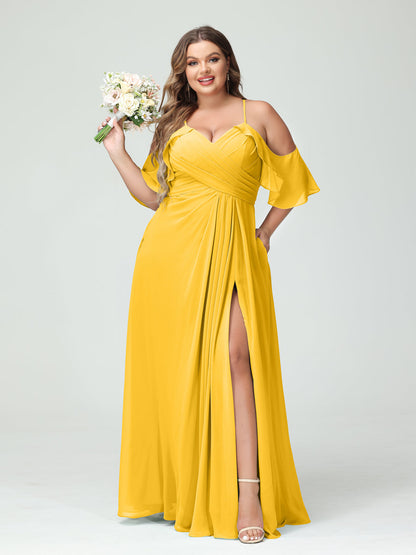 A-Line/Princess Spaghetti Straps Short Sleeves Chiffon Ruched Split Side Plus Size Bridesmaid Dresses with Pockets