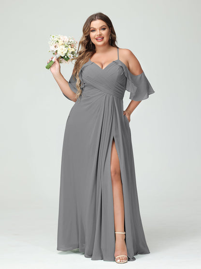 A-Line/Princess Spaghetti Straps Short Sleeves Chiffon Ruched Split Side Plus Size Bridesmaid Dresses with Pockets