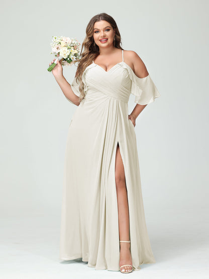 A-Line/Princess Spaghetti Straps Short Sleeves Chiffon Ruched Split Side Plus Size Bridesmaid Dresses with Pockets