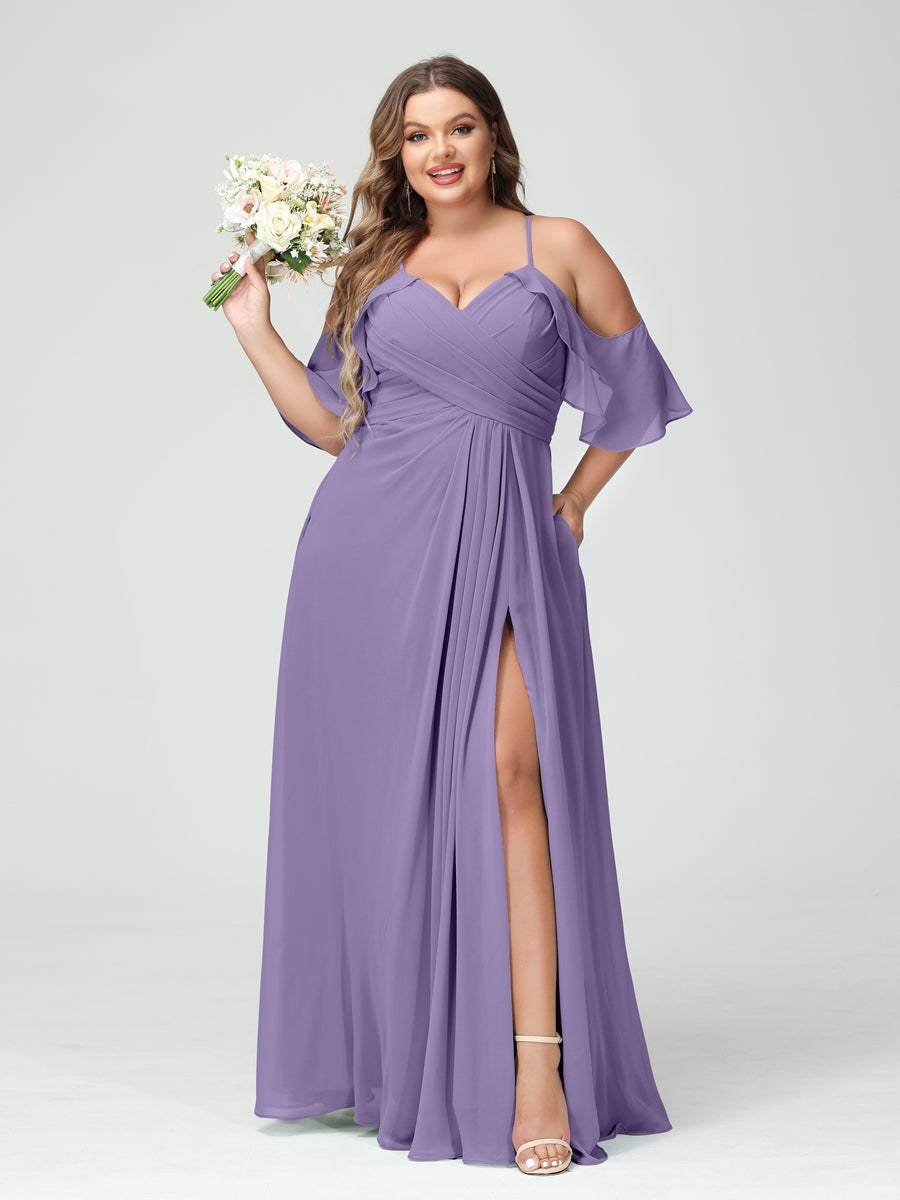 A-Line/Princess Spaghetti Straps Short Sleeves Chiffon Ruched Split Side Plus Size Bridesmaid Dresses with Pockets