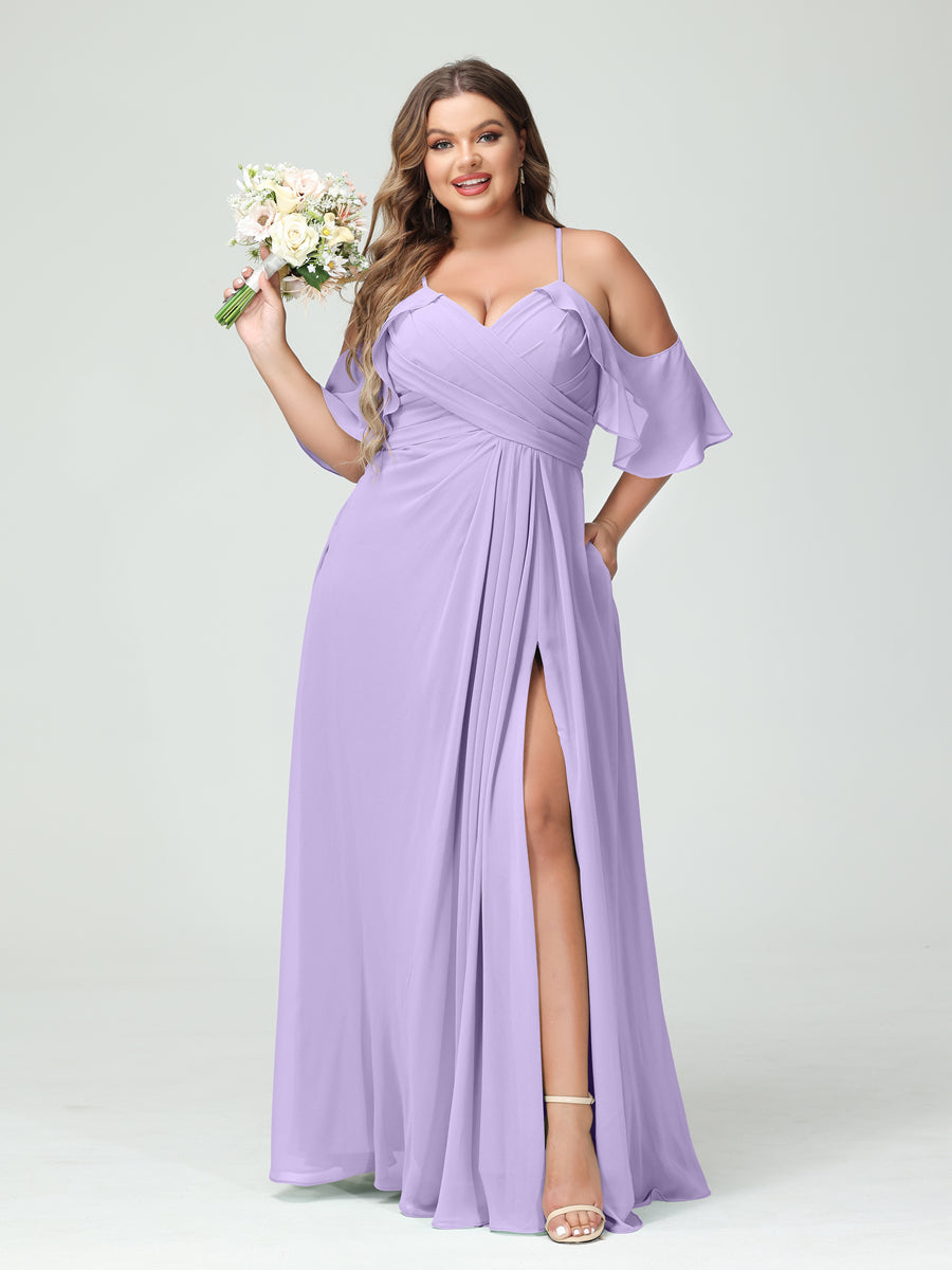 A-Line/Princess Spaghetti Straps Short Sleeves Chiffon Ruched Split Side Plus Size Bridesmaid Dresses with Pockets