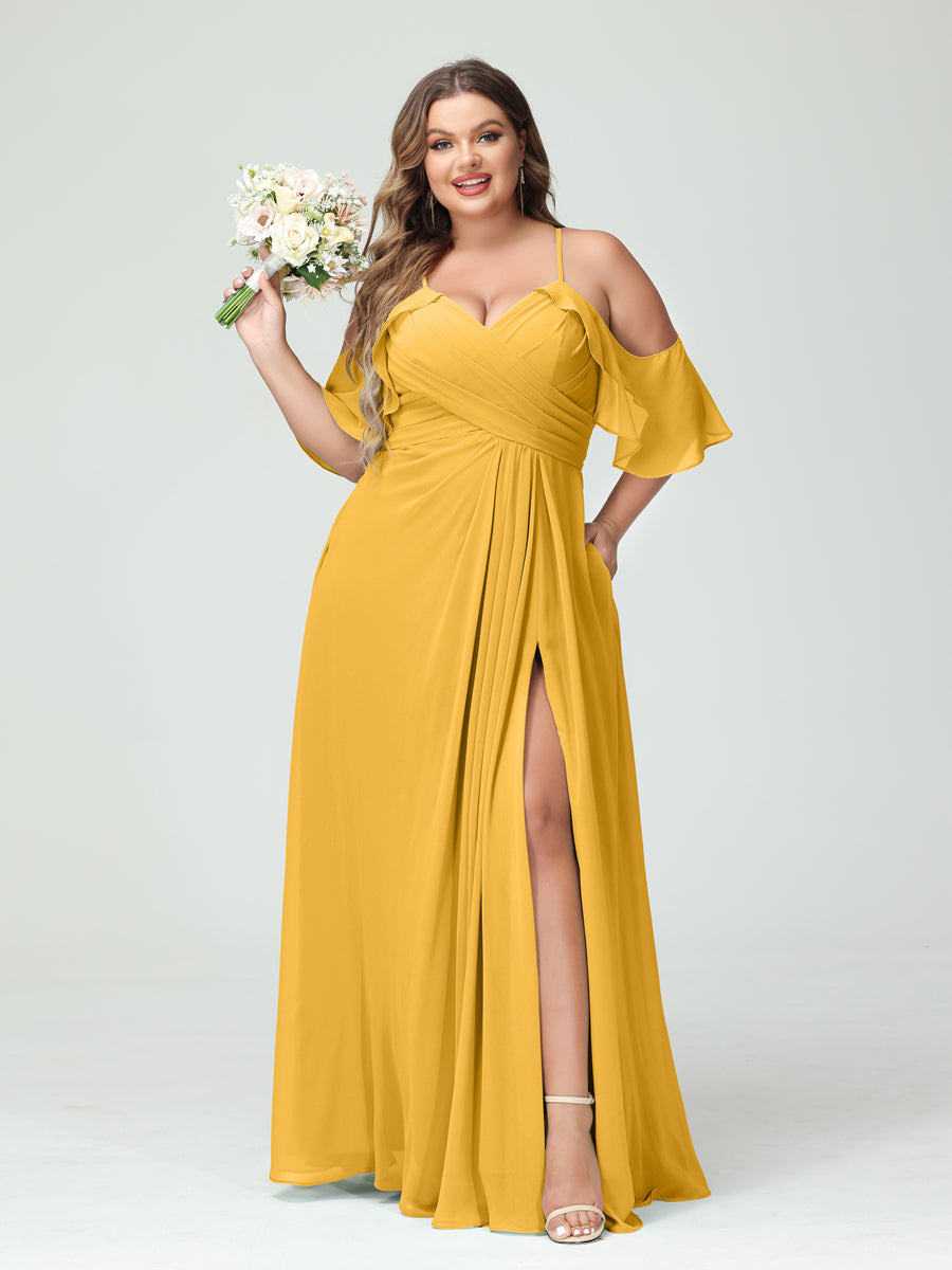 A-Line/Princess Spaghetti Straps Short Sleeves Chiffon Ruched Split Side Plus Size Bridesmaid Dresses with Pockets