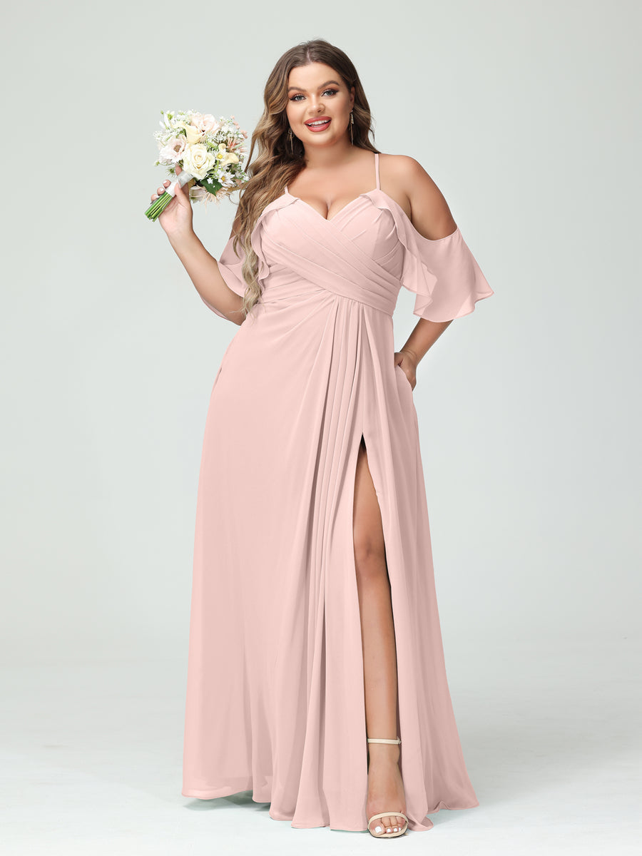 A-Line/Princess Spaghetti Straps Short Sleeves Chiffon Ruched Split Side Plus Size Bridesmaid Dresses with Pockets