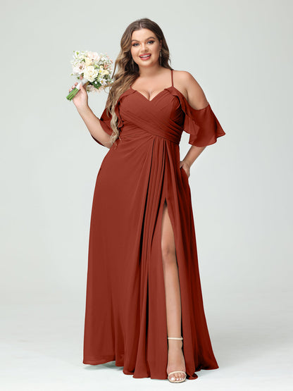 A-Line/Princess Spaghetti Straps Short Sleeves Chiffon Ruched Split Side Plus Size Bridesmaid Dresses with Pockets