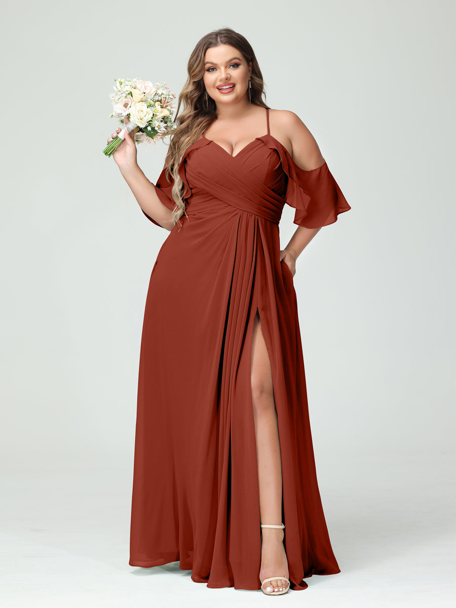 A-Line/Princess Spaghetti Straps Short Sleeves Chiffon Ruched Split Side Plus Size Bridesmaid Dresses with Pockets