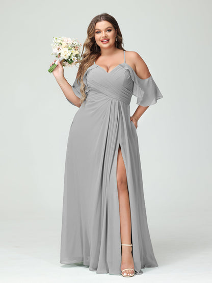 A-Line/Princess Spaghetti Straps Short Sleeves Chiffon Ruched Split Side Plus Size Bridesmaid Dresses with Pockets