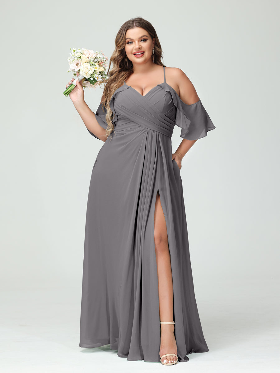 A-Line/Princess Spaghetti Straps Short Sleeves Chiffon Ruched Split Side Plus Size Bridesmaid Dresses with Pockets