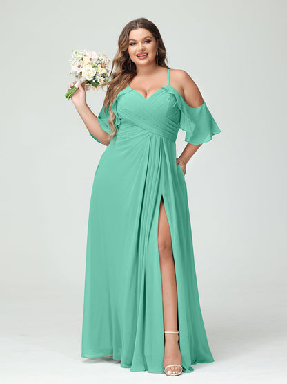 A-Line/Princess Spaghetti Straps Short Sleeves Chiffon Ruched Split Side Plus Size Bridesmaid Dresses with Pockets