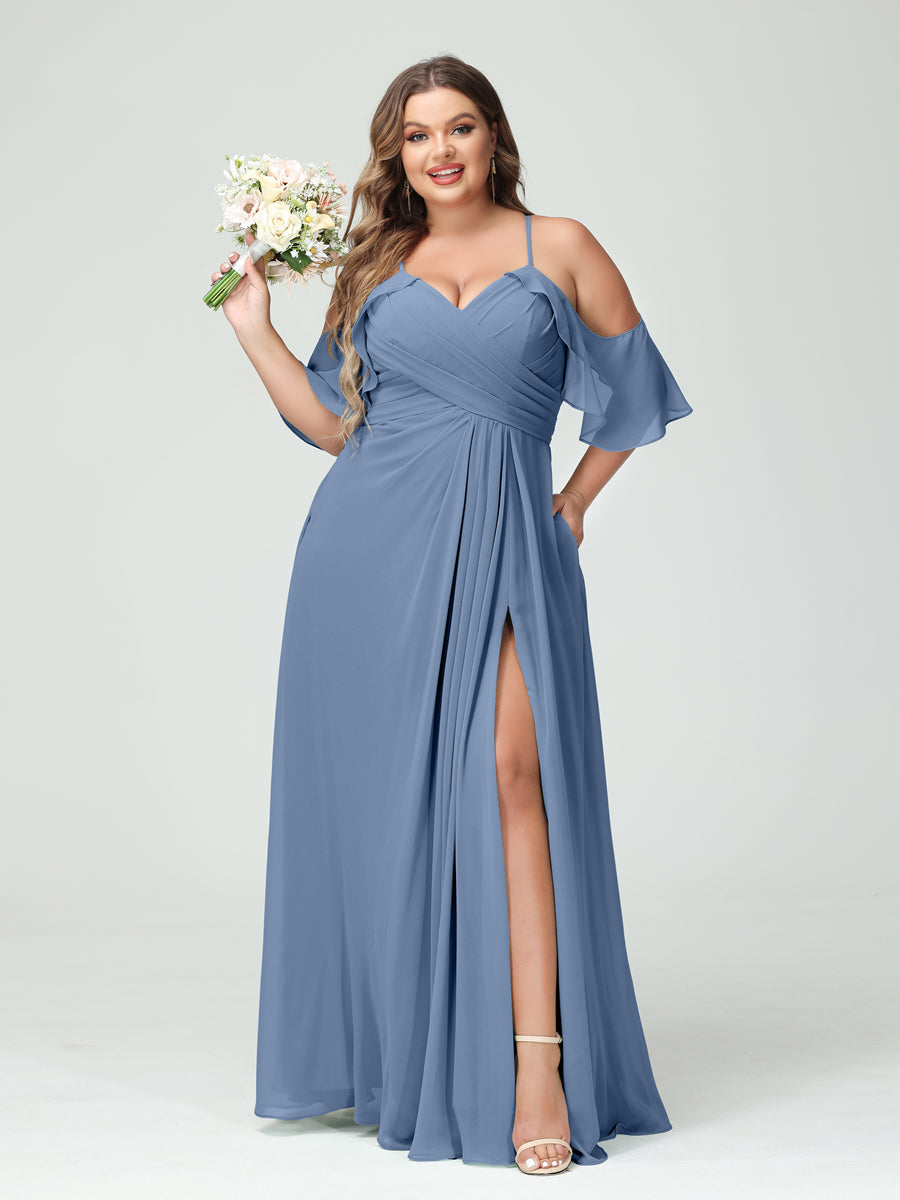 A-Line/Princess Spaghetti Straps Short Sleeves Chiffon Ruched Split Side Plus Size Bridesmaid Dresses with Pockets