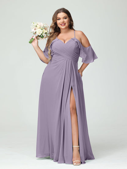 A-Line/Princess Spaghetti Straps Short Sleeves Chiffon Ruched Split Side Plus Size Bridesmaid Dresses with Pockets