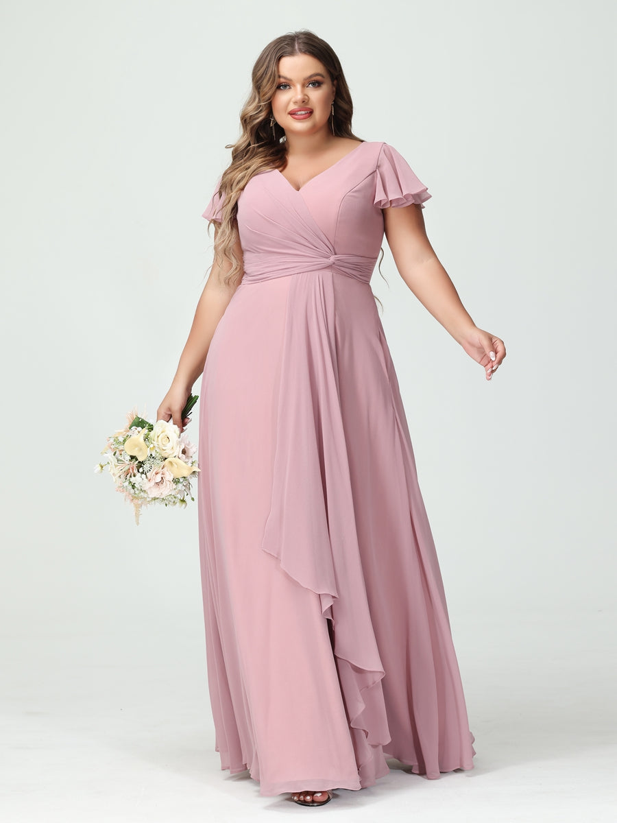 A-Line/Princess V-Neck Short Sleeves Chiffon Ruffles Split Side Plus Size Bridesmaid Dresses with Pockets