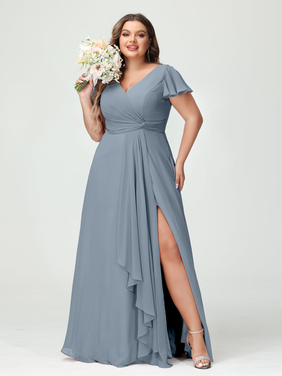 A-Line/Princess V-Neck Short Sleeves Chiffon Ruffles Split Side Plus Size Bridesmaid Dresses with Pockets