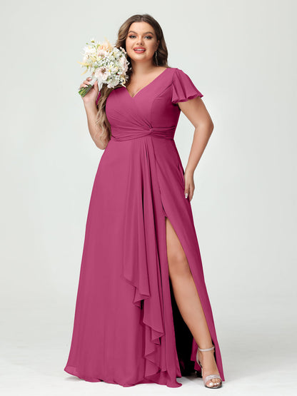 A-Line/Princess V-Neck Short Sleeves Chiffon Ruffles Split Side Plus Size Bridesmaid Dresses with Pockets