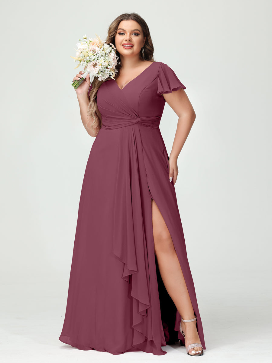 A-Line/Princess V-Neck Short Sleeves Chiffon Ruffles Split Side Plus Size Bridesmaid Dresses with Pockets