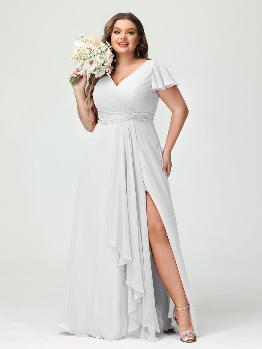 A-Line/Princess V-Neck Short Sleeves Chiffon Ruffles Split Side Plus Size Bridesmaid Dresses with Pockets