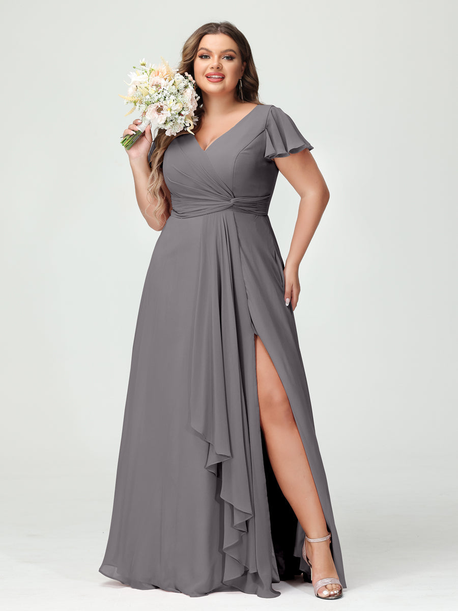 A-Line/Princess V-Neck Short Sleeves Chiffon Ruffles Split Side Plus Size Bridesmaid Dresses with Pockets