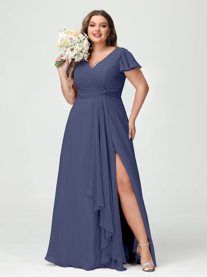 A-Line/Princess V-Neck Short Sleeves Chiffon Ruffles Split Side Plus Size Bridesmaid Dresses with Pockets