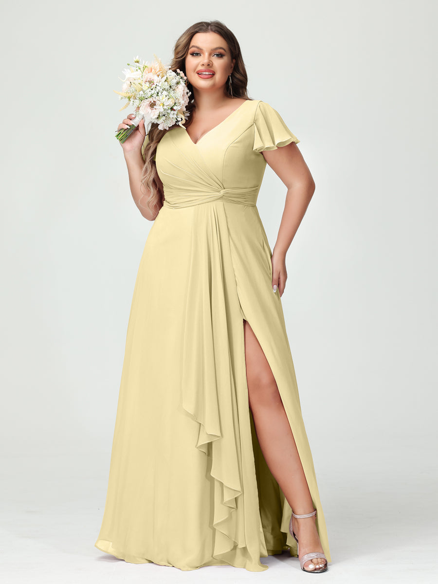 A-Line/Princess V-Neck Short Sleeves Chiffon Ruffles Split Side Plus Size Bridesmaid Dresses with Pockets