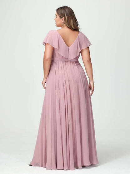 A-Line/Princess V-Neck Short Sleeves Chiffon Ruffles Plus Size Bridesmaid Dresses With Pockets