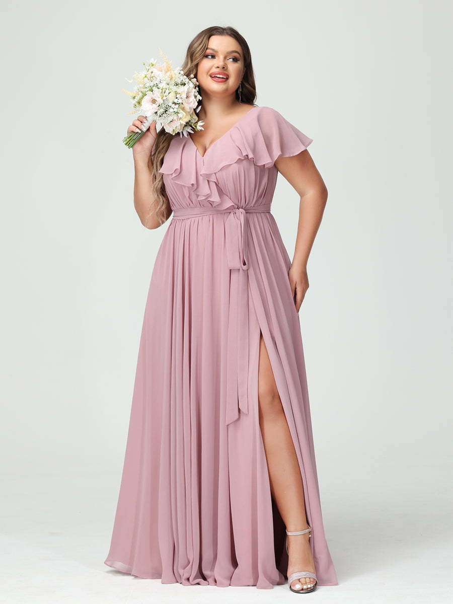 A-Line/Princess V-Neck Short Sleeves Chiffon Ruffles Plus Size Bridesmaid Dresses With Pockets