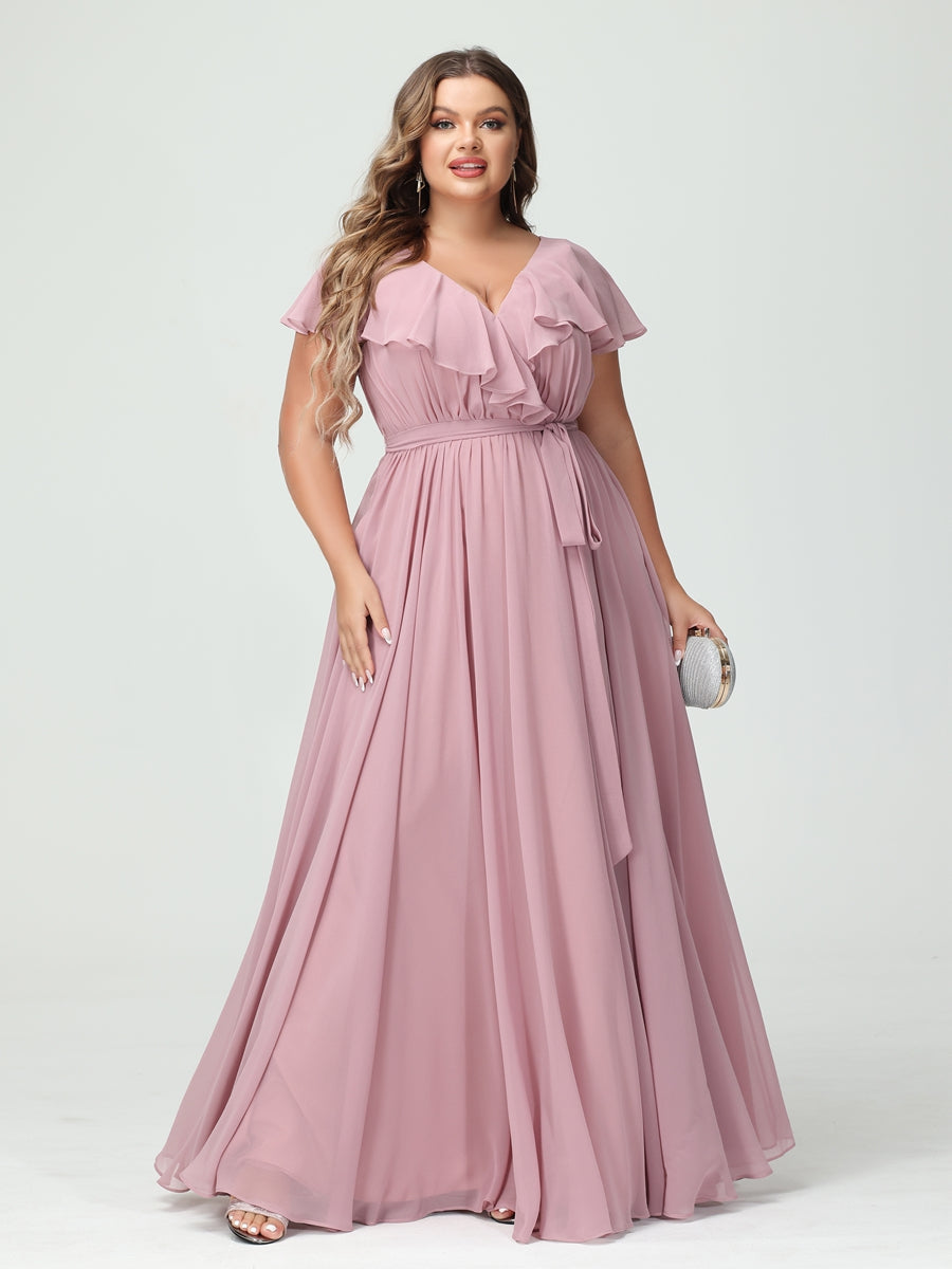 A-Line/Princess V-Neck Short Sleeves Chiffon Ruffles Plus Size Bridesmaid Dresses With Pockets