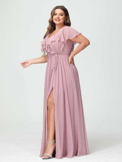 A-Line/Princess V-Neck Short Sleeves Chiffon Ruffles Plus Size Bridesmaid Dresses With Pockets