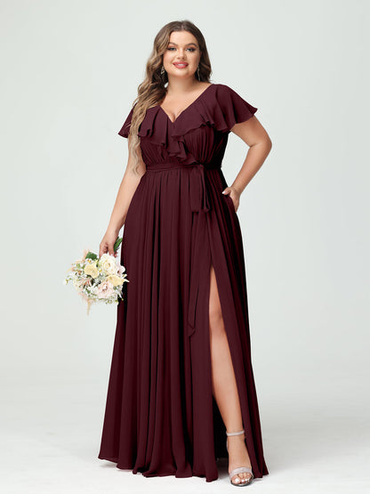 A-Line/Princess V-Neck Short Sleeves Chiffon Ruffles Plus Size Bridesmaid Dresses With Pockets