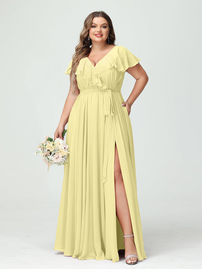 A-Line/Princess V-Neck Short Sleeves Chiffon Ruffles Plus Size Bridesmaid Dresses With Pockets