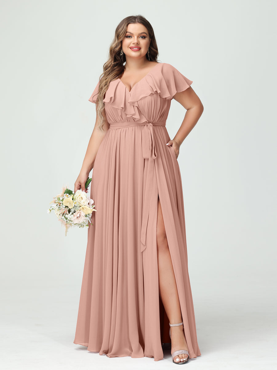 A-Line/Princess V-Neck Short Sleeves Chiffon Ruffles Plus Size Bridesmaid Dresses With Pockets