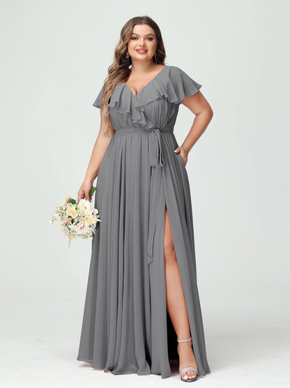 A-Line/Princess V-Neck Short Sleeves Chiffon Ruffles Plus Size Bridesmaid Dresses With Pockets