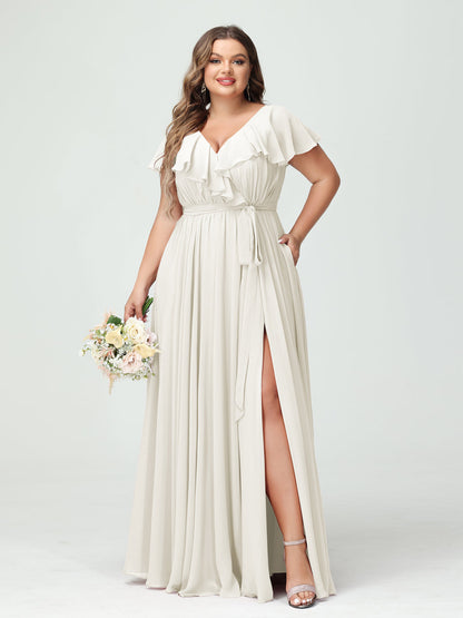 A-Line/Princess V-Neck Short Sleeves Chiffon Ruffles Plus Size Bridesmaid Dresses With Pockets