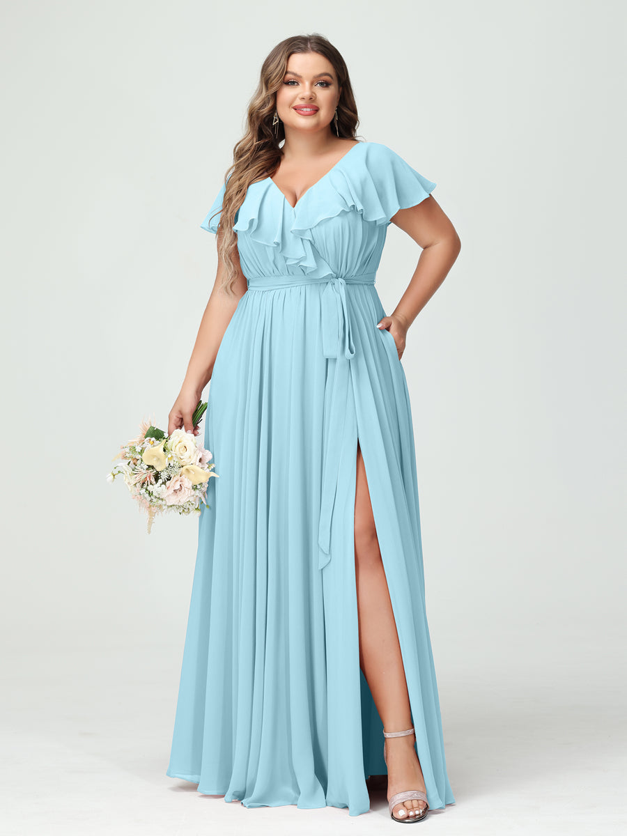 A-Line/Princess V-Neck Short Sleeves Chiffon Ruffles Plus Size Bridesmaid Dresses With Pockets