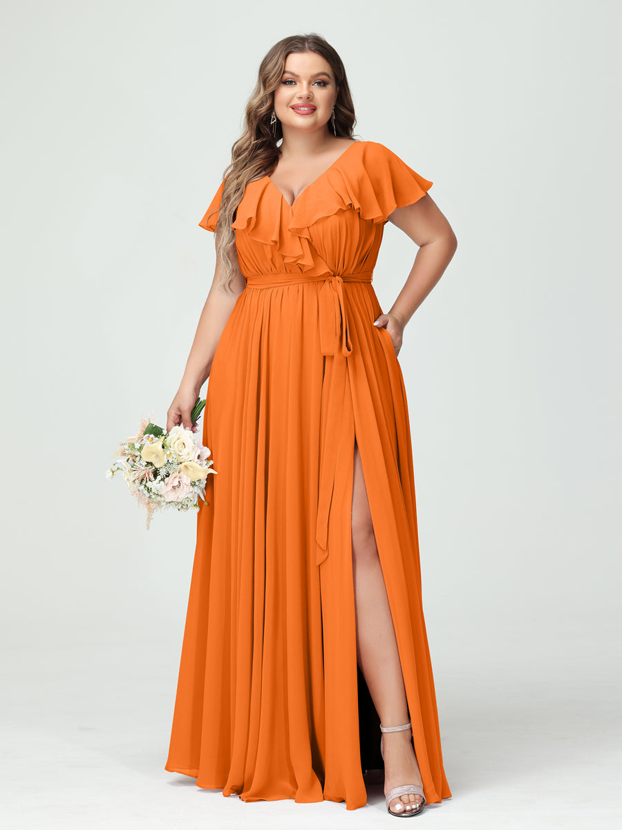 A-Line/Princess V-Neck Short Sleeves Chiffon Ruffles Plus Size Bridesmaid Dresses With Pockets