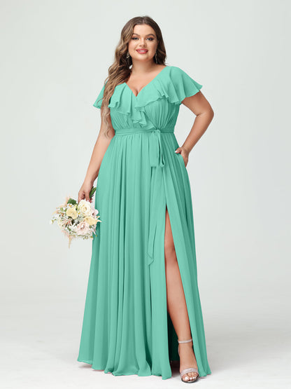 A-Line/Princess V-Neck Short Sleeves Chiffon Ruffles Plus Size Bridesmaid Dresses With Pockets