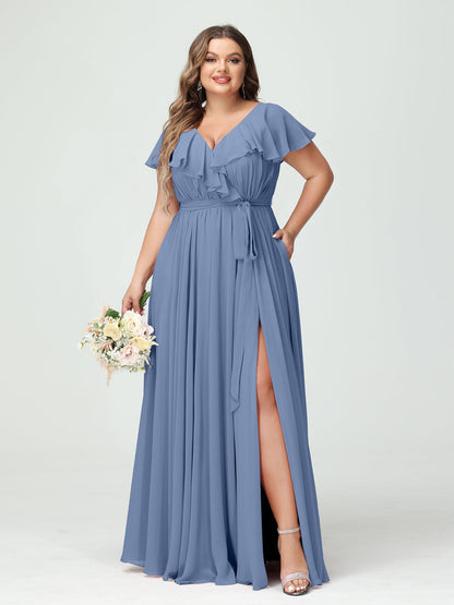 A-Line/Princess V-Neck Short Sleeves Chiffon Ruffles Plus Size Bridesmaid Dresses With Pockets