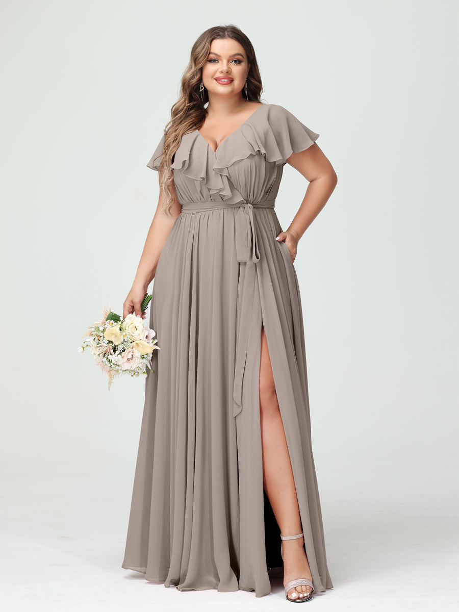 A-Line/Princess V-Neck Short Sleeves Chiffon Ruffles Plus Size Bridesmaid Dresses With Pockets