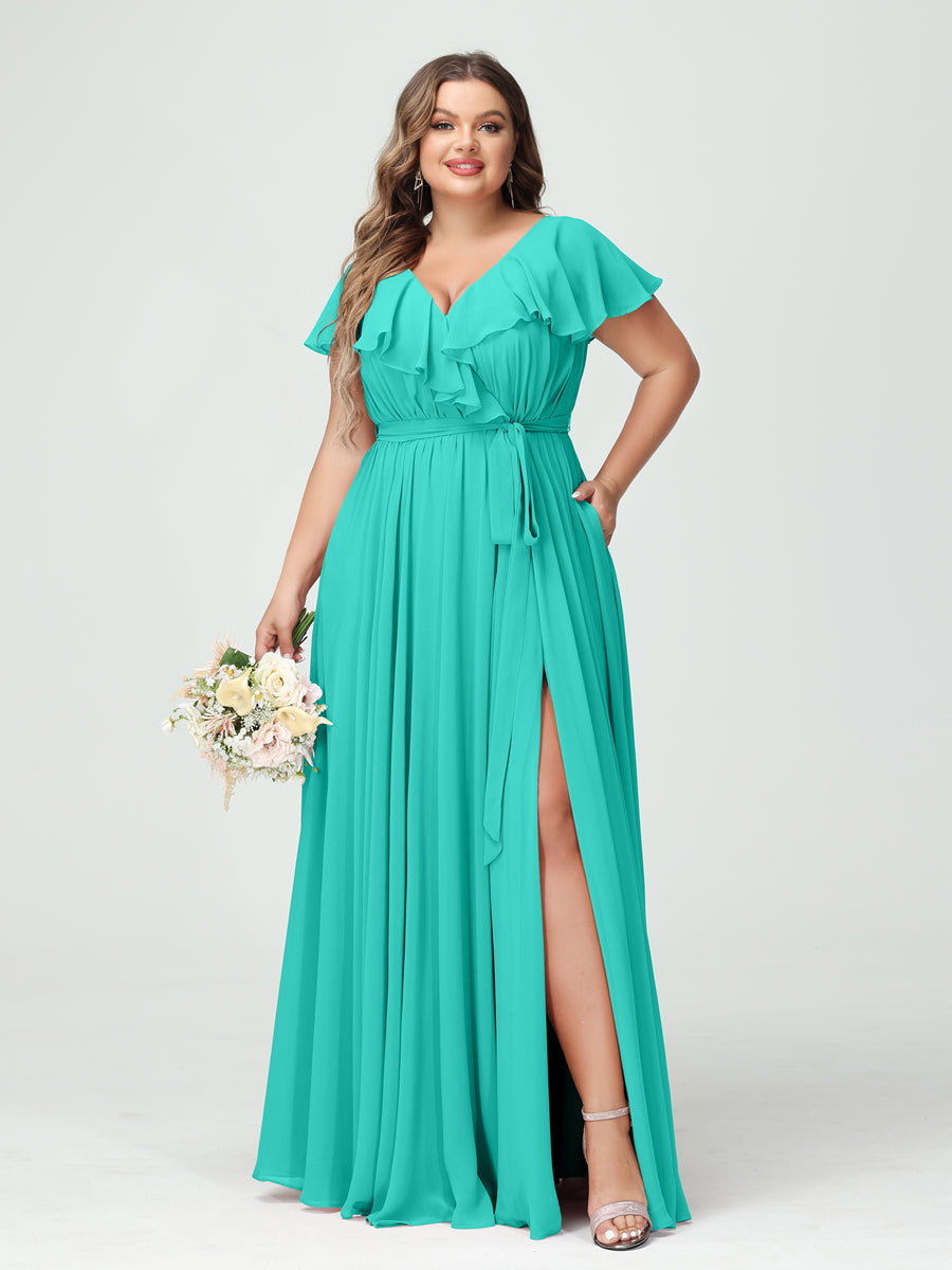 A-Line/Princess V-Neck Short Sleeves Chiffon Ruffles Plus Size Bridesmaid Dresses With Pockets