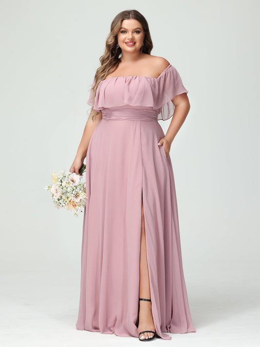 A-Line/Princess Off-the-Shoulder Short Sleeves Chiffon Split Side Plus Size Bridesmaid Dresses with Pockets