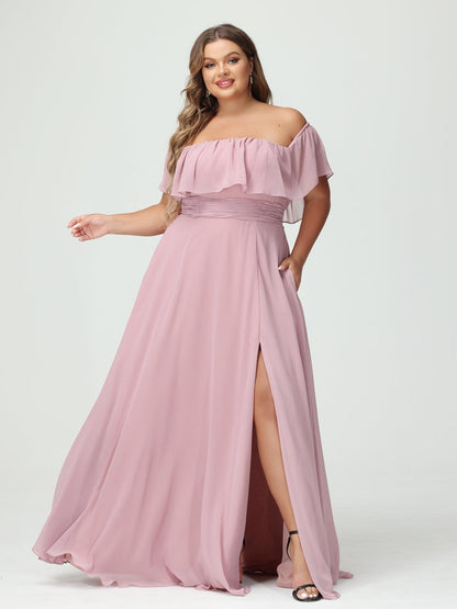 A-Line/Princess Off-the-Shoulder Short Sleeves Chiffon Split Side Plus Size Bridesmaid Dresses with Pockets