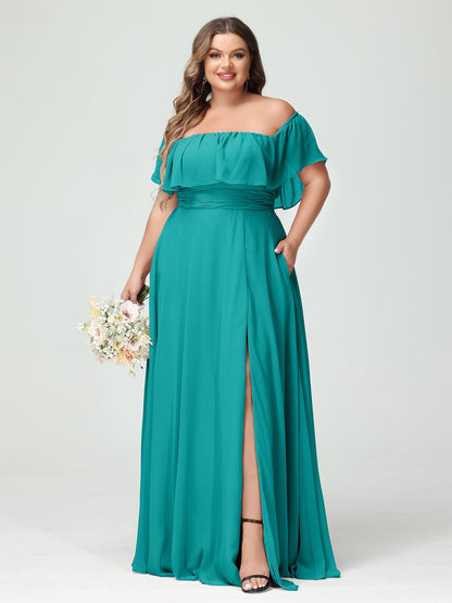 A-Line/Princess Off-the-Shoulder Short Sleeves Chiffon Split Side Plus Size Bridesmaid Dresses with Pockets