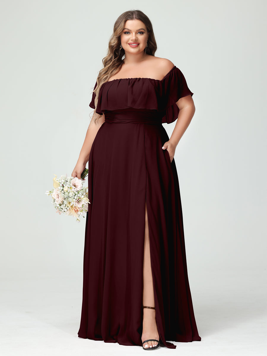 A-Line/Princess Off-the-Shoulder Short Sleeves Chiffon Split Side Plus Size Bridesmaid Dresses with Pockets